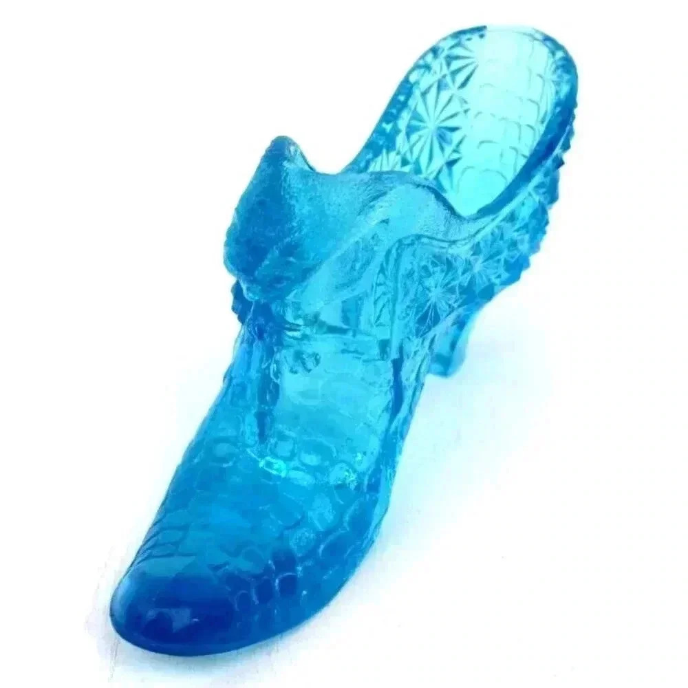 Vintage FENTON Glass BLUE Cougar Button SHOE High Heel Bootie Slipper Trinket